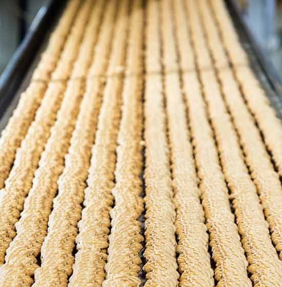 Evenly spaced rows of cookies on a conveyor
