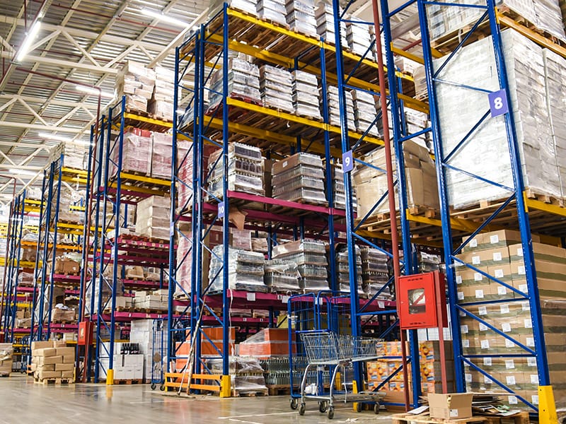 Bulk goods stored on warehouse shelves