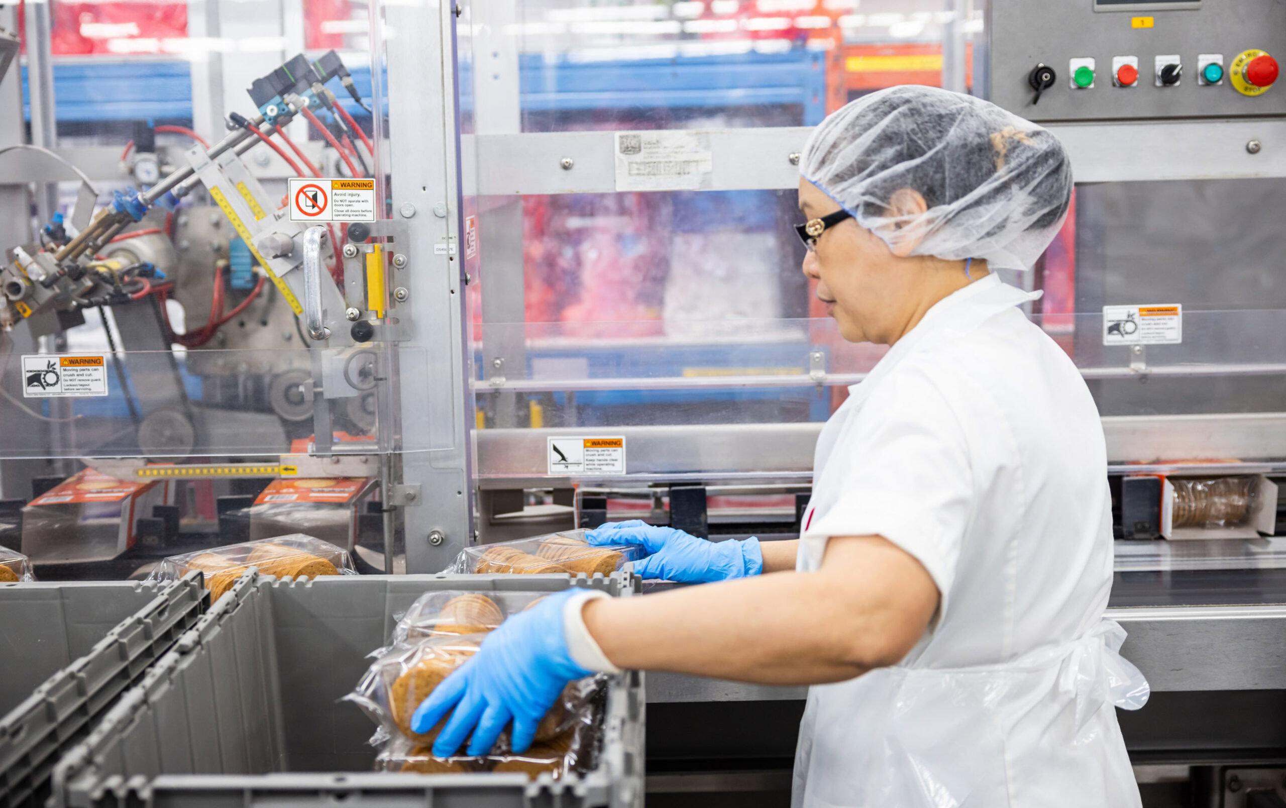 Illustrative production worker inspecting cookies at a machine