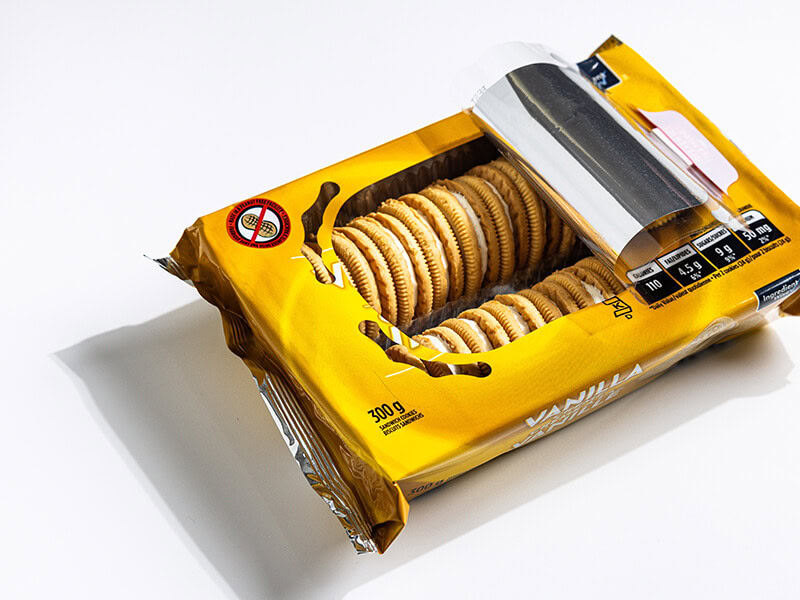 Illustrative packaged sandwich cookies for a retail shelf